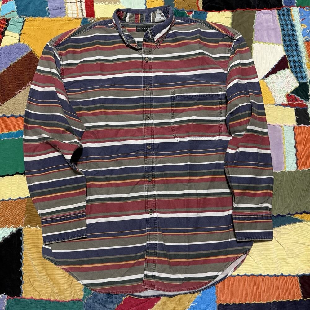 Vintage Context Horizontal Colorful Striped Work Button Up Long Sleeve Large